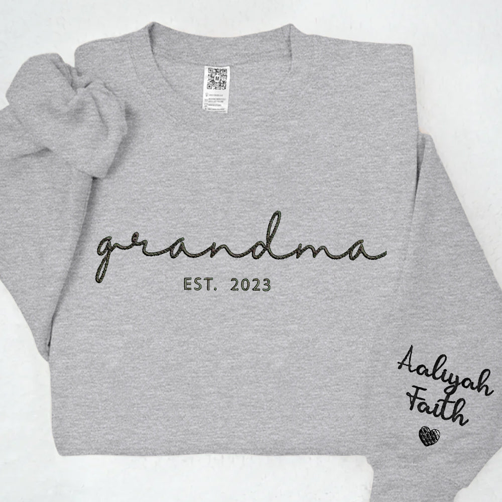Embroidered Custom Grandma Sweatshirt with Grandkids Names on Sleeve