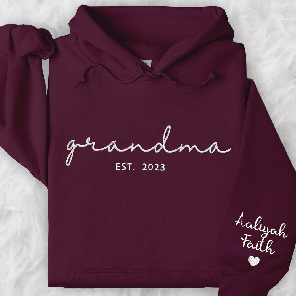Embroidered Custom Grandma Sweatshirt with Grandkids Names on Sleeve