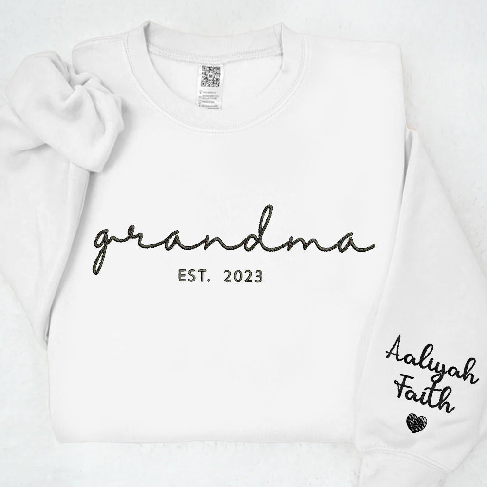 Embroidered Custom Grandma Sweatshirt with Grandkids Names on Sleeve