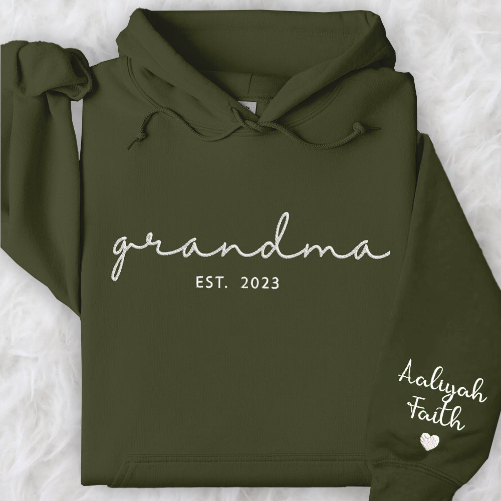 Embroidered Custom Grandma Sweatshirt with Grandkids Names on Sleeve
