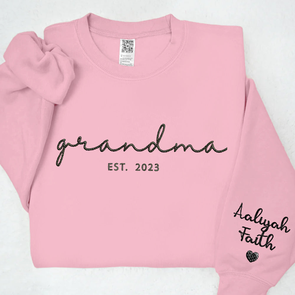 Embroidered Custom Grandma Sweatshirt with Grandkids Names on Sleeve