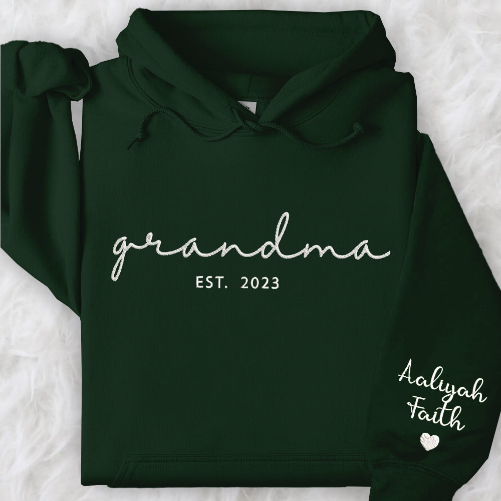 Embroidered Custom Grandma Sweatshirt with Grandkids Names on Sleeve