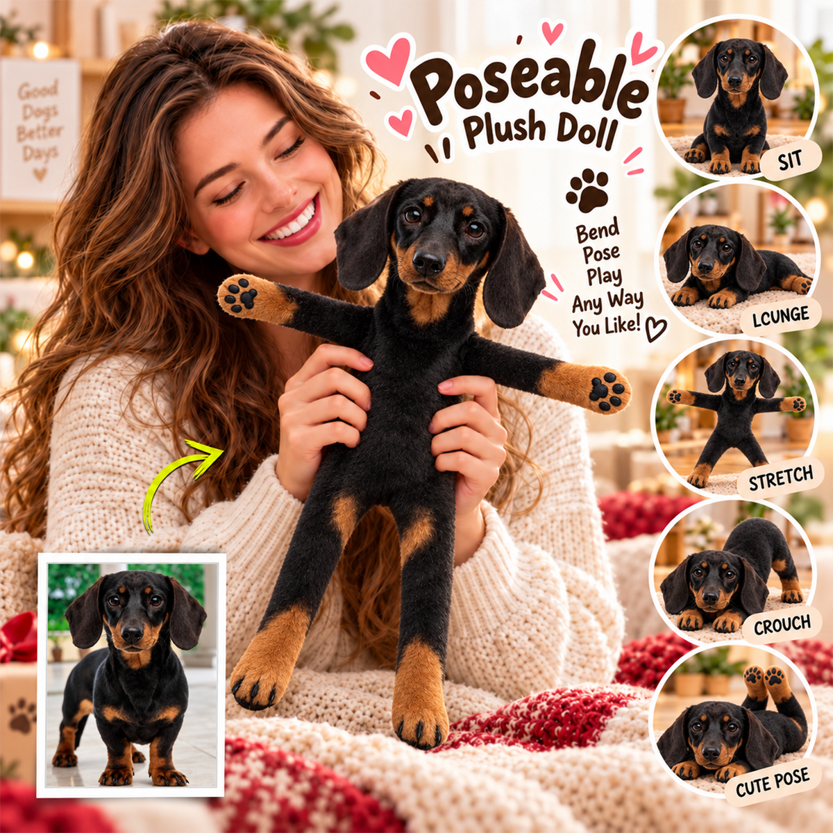 Personalized Dachshund Photo Pet Squishy Toy Poseable Plush Doll, Funny Gift For Dog Mom, Dad, Pet Lover T1807 T24 TL06