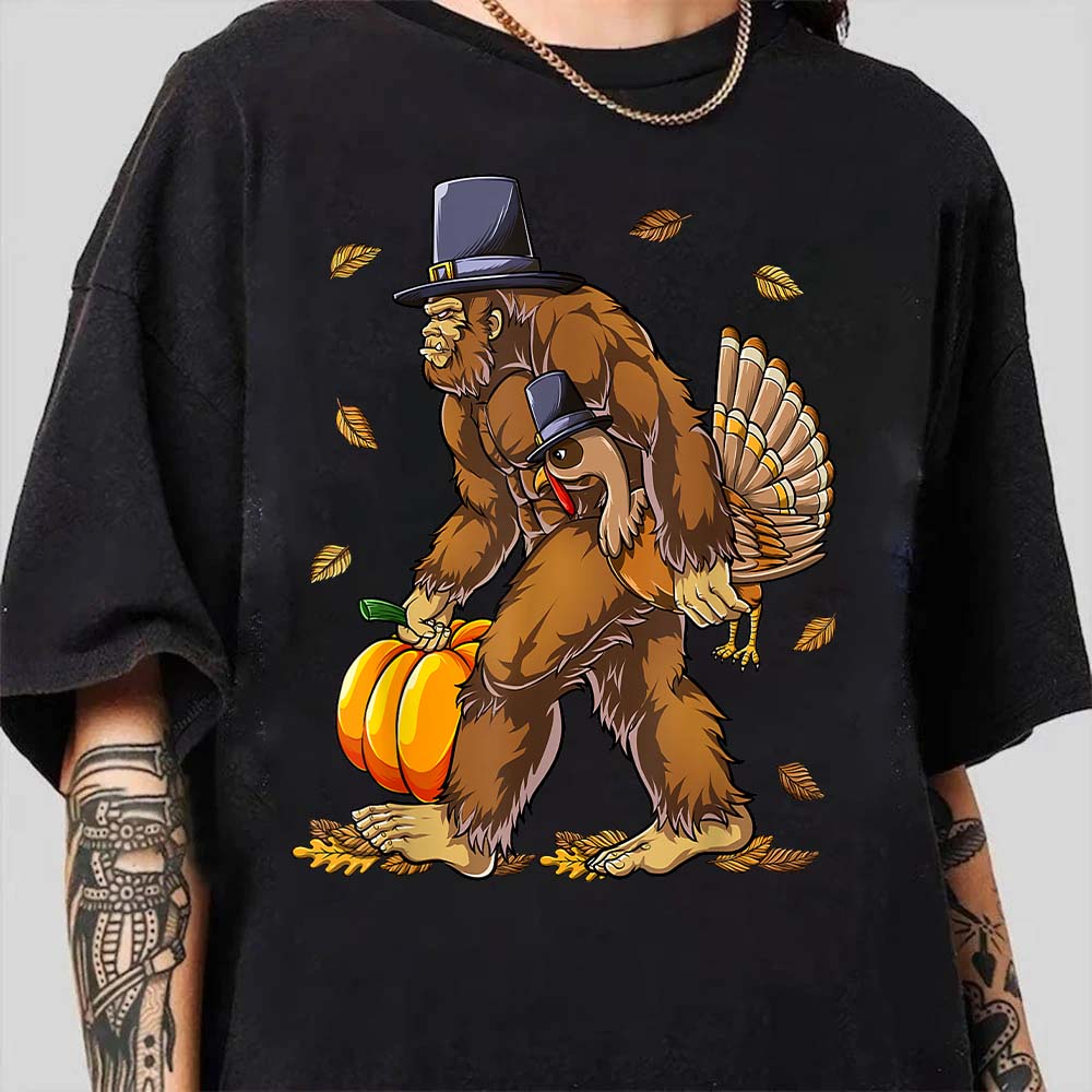 Bigfoot Pilgrim Turkey Pumpkin Thanksgiving Day Boys Men Shirt