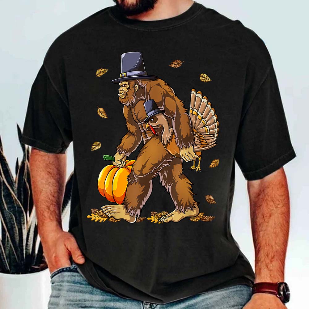 Bigfoot Pilgrim Turkey Pumpkin Thanksgiving Day Boys Men Shirt