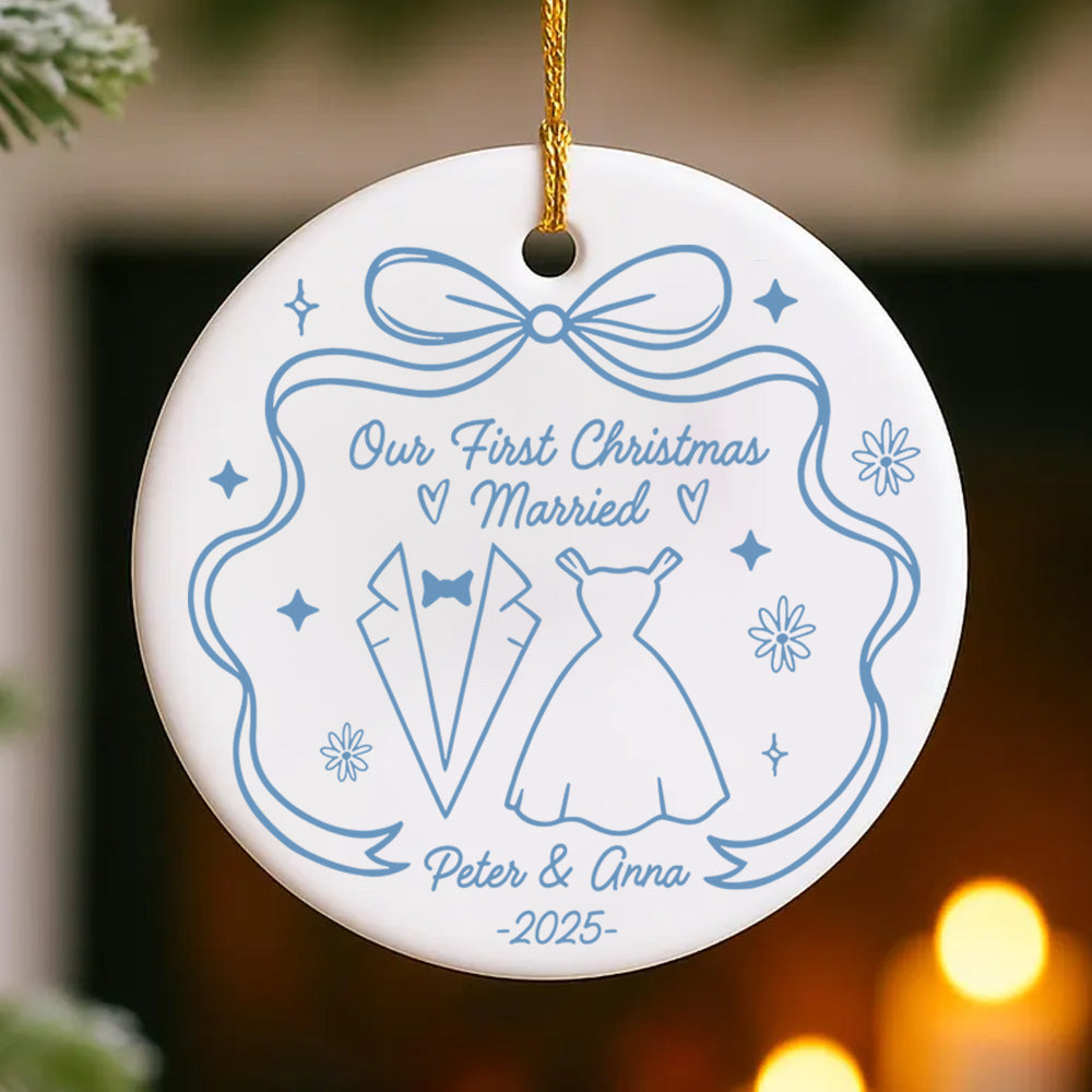 Our First Christmas Married With Wedding Dress And Suit, Custom Ceramic Ornament, Gift For Married Couples T1807 Do99