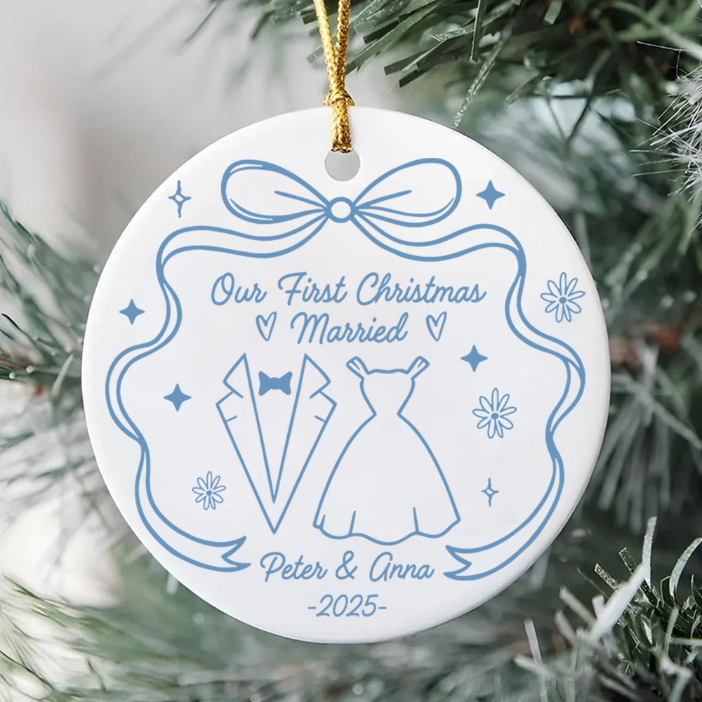 Our First Christmas Married With Wedding Dress And Suit, Custom Ceramic Ornament, Gift For Married Couples T1807 Do99