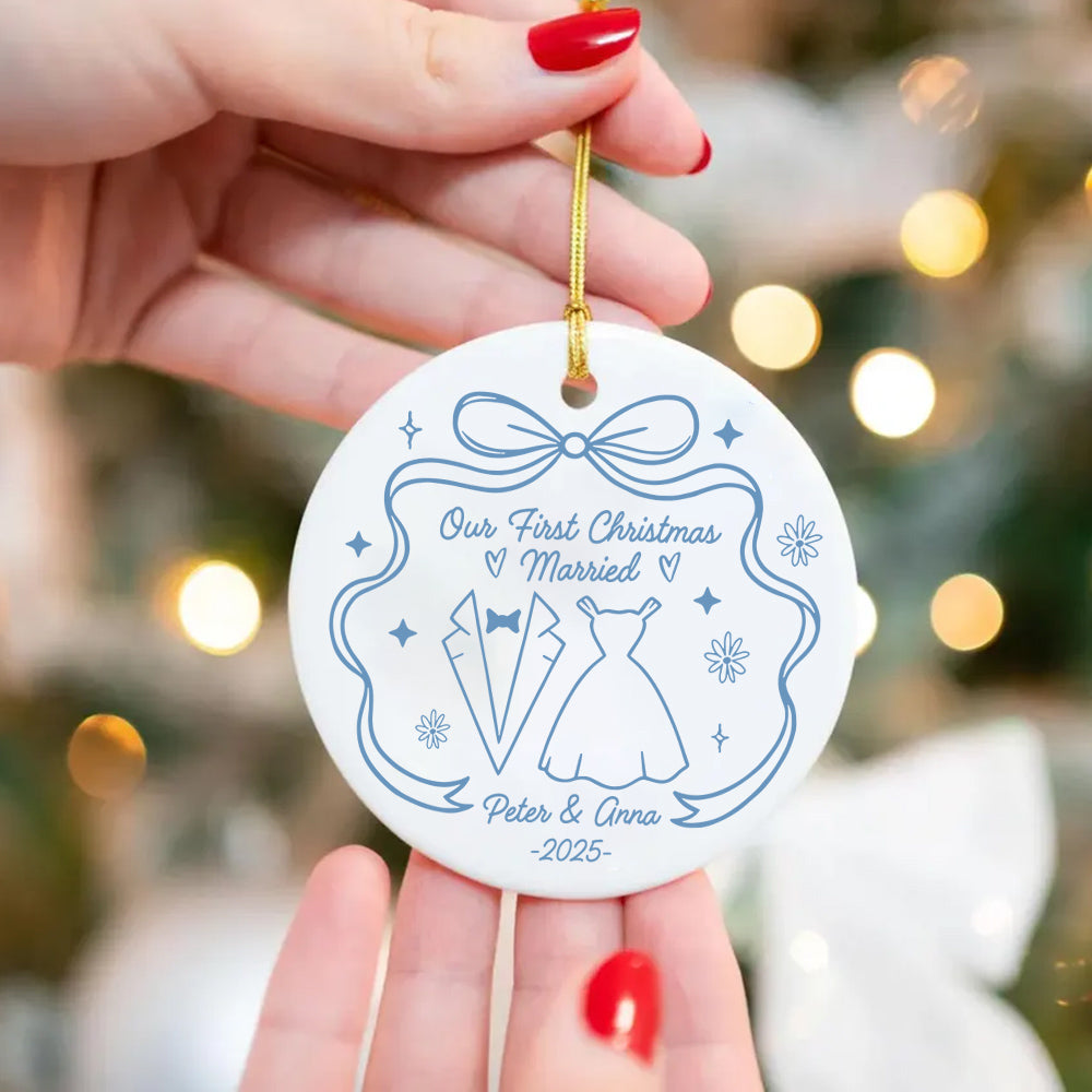 Our First Christmas Married With Wedding Dress And Suit, Custom Ceramic Ornament, Gift For Married Couples T1807 Do99