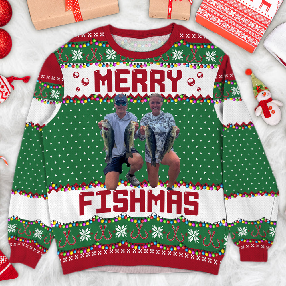 Merry Fishmas Gift For Fishing Lovers - Personalized Photo Ugly Sweater Tu20