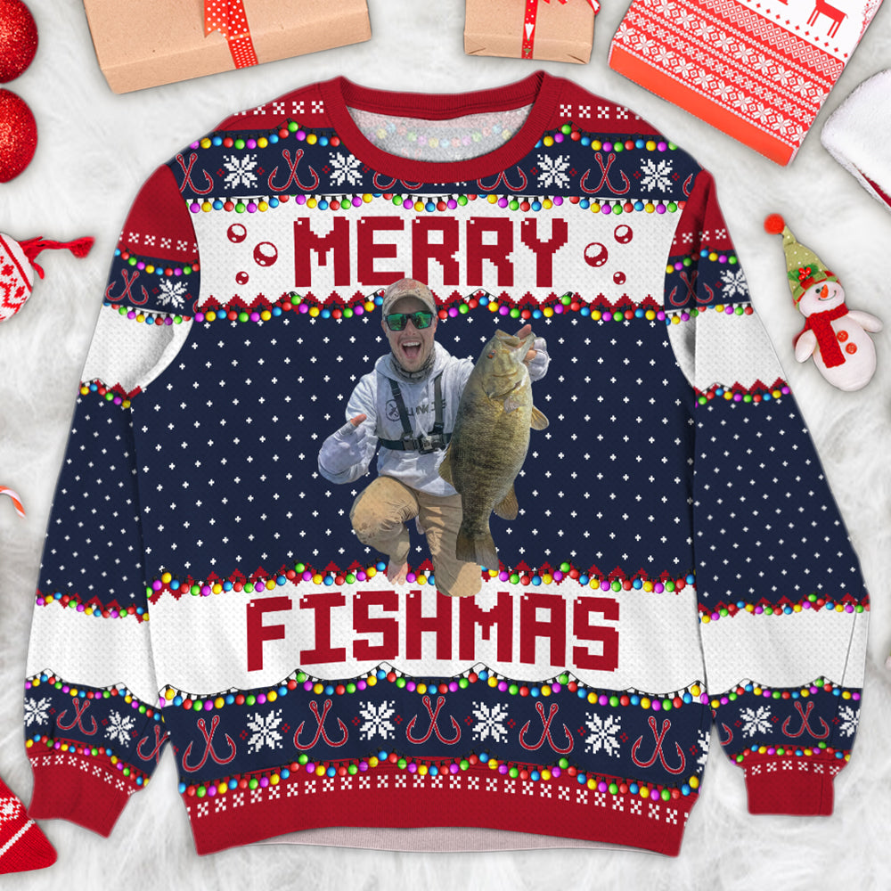 Merry Fishmas Gift For Fishing Lovers - Personalized Photo Ugly Sweater Tu20