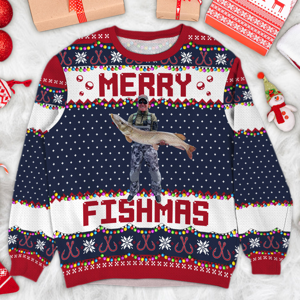 Merry Fishmas Gift For Fishing Lovers - Personalized Photo Ugly Sweater Tu20