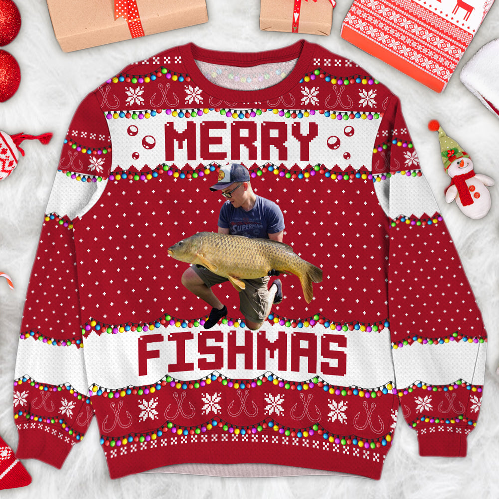 Merry Fishmas Gift For Fishing Lovers - Personalized Photo Ugly Sweater Tu20