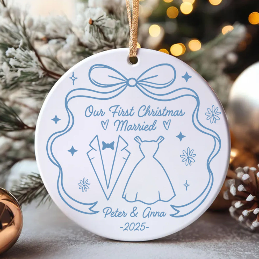 Our First Christmas Married With Wedding Dress And Suit, Custom Ceramic Ornament, Gift For Married Couples T1807 Do99
