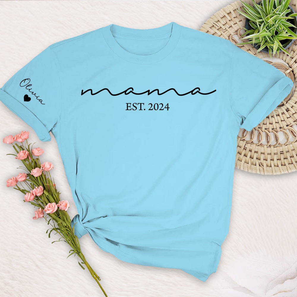 Custom Mama Shirt with Kid Name, Personalized Mom Shirt with Kids Names on Sleeve, Momma Tshirt, Mothers Day Gift for Her, New Mom Gift Est
