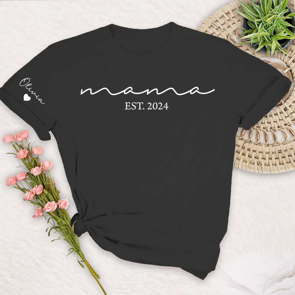 Custom Mama Shirt with Kid Name, Personalized Mom Shirt with Kids Names on Sleeve, Momma Tshirt, Mothers Day Gift for Her, New Mom Gift Est