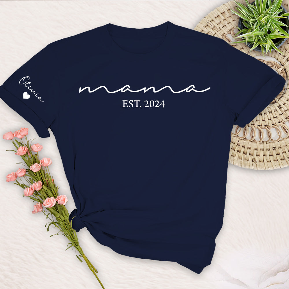 Custom Mama Shirt with Kid Name, Personalized Mom Shirt with Kids Names on Sleeve, Momma Tshirt, Mothers Day Gift for Her, New Mom Gift Est
