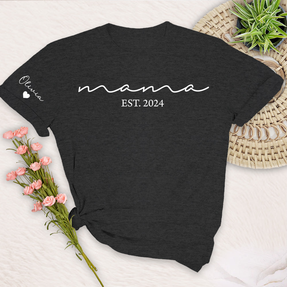 Custom Mama Shirt with Kid Name, Personalized Mom Shirt with Kids Names on Sleeve, Momma Tshirt, Mothers Day Gift for Her, New Mom Gift Est