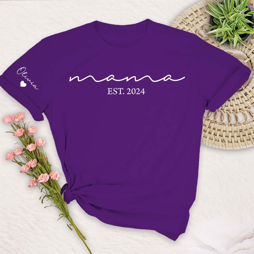 Custom Mama Shirt with Kid Name, Personalized Mom Shirt with Kids Names on Sleeve, Momma Tshirt, Mothers Day Gift for Her, New Mom Gift Est