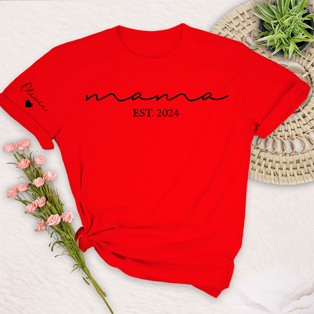 Custom Mama Shirt with Kid Name, Personalized Mom Shirt with Kids Names on Sleeve, Momma Tshirt, Mothers Day Gift for Her, New Mom Gift Est