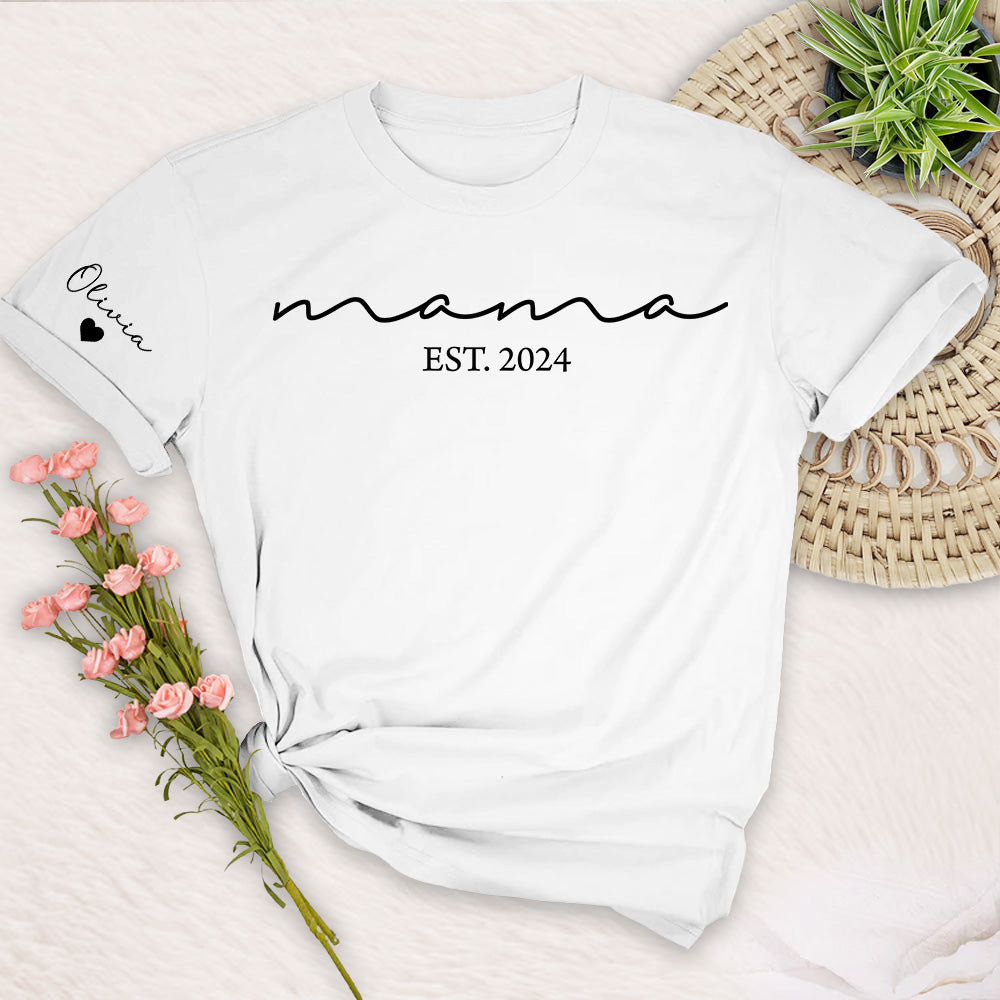 Custom Mama Shirt with Kid Name, Personalized Mom Shirt with Kids Names on Sleeve, Momma Tshirt, Mothers Day Gift for Her, New Mom Gift Est