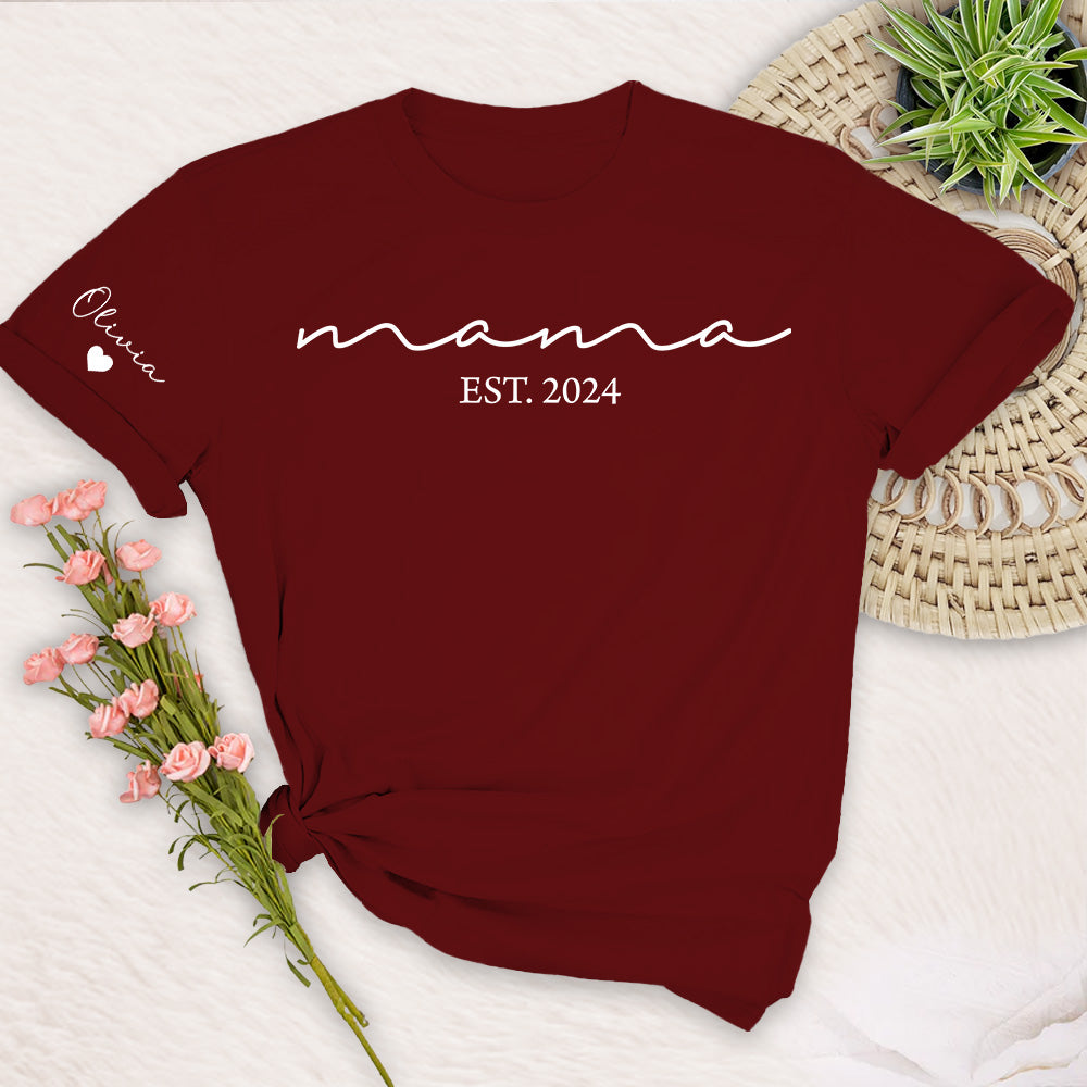Custom Mama Shirt with Kid Name, Personalized Mom Shirt with Kids Names on Sleeve, Momma Tshirt, Mothers Day Gift for Her, New Mom Gift Est