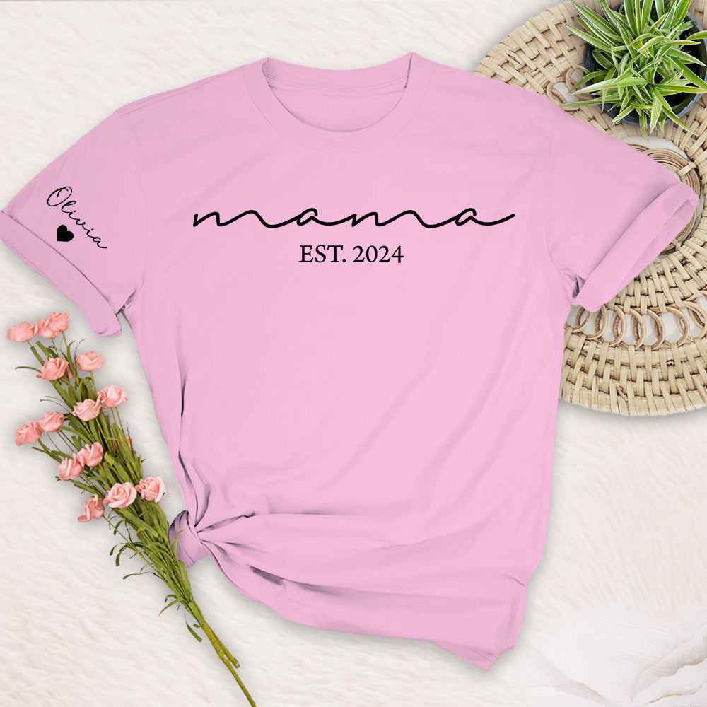 Custom Mama Shirt with Kid Name, Personalized Mom Shirt with Kids Names on Sleeve, Momma Tshirt, Mothers Day Gift for Her, New Mom Gift Est