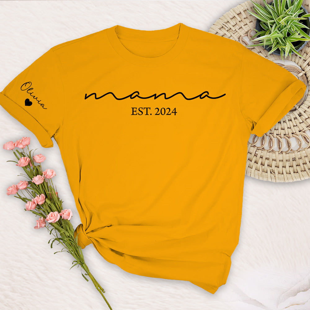 Custom Mama Shirt with Kid Name, Personalized Mom Shirt with Kids Names on Sleeve, Momma Tshirt, Mothers Day Gift for Her, New Mom Gift Est