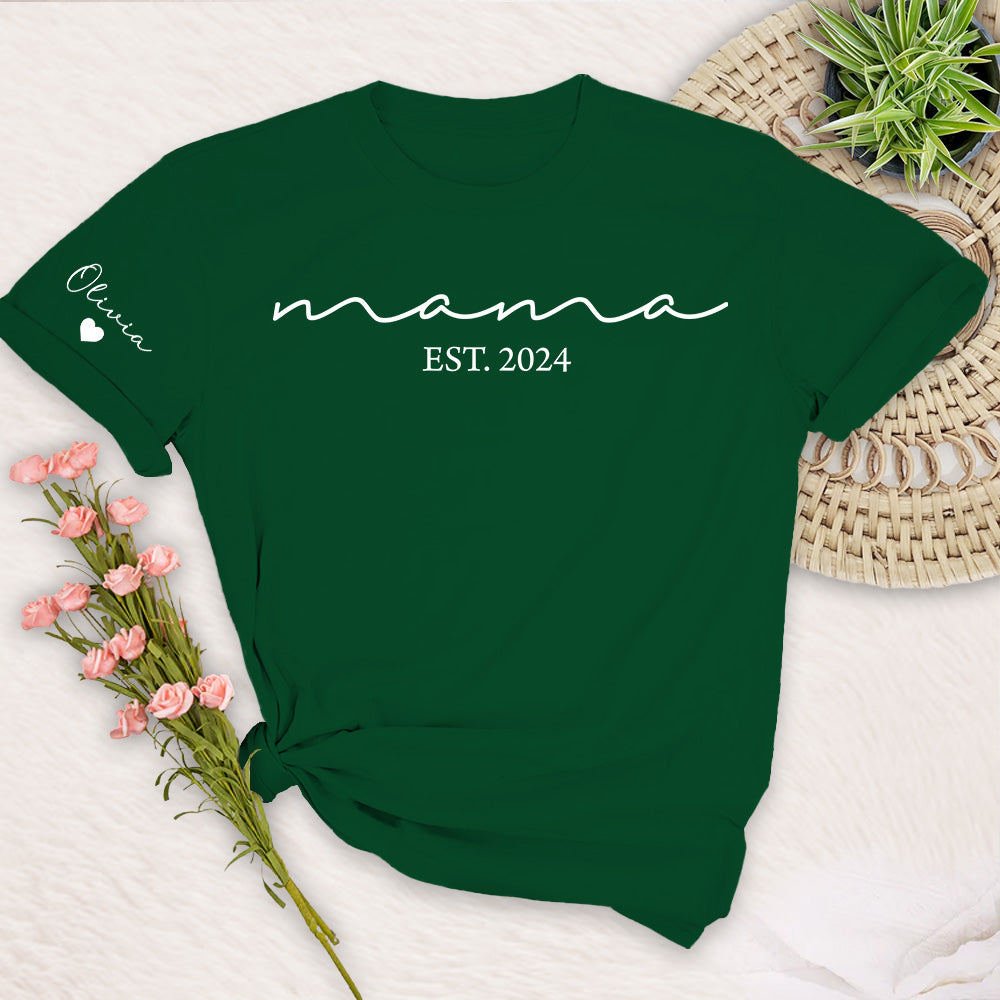 Custom Mama Shirt with Kid Name, Personalized Mom Shirt with Kids Names on Sleeve, Momma Tshirt, Mothers Day Gift for Her, New Mom Gift Est