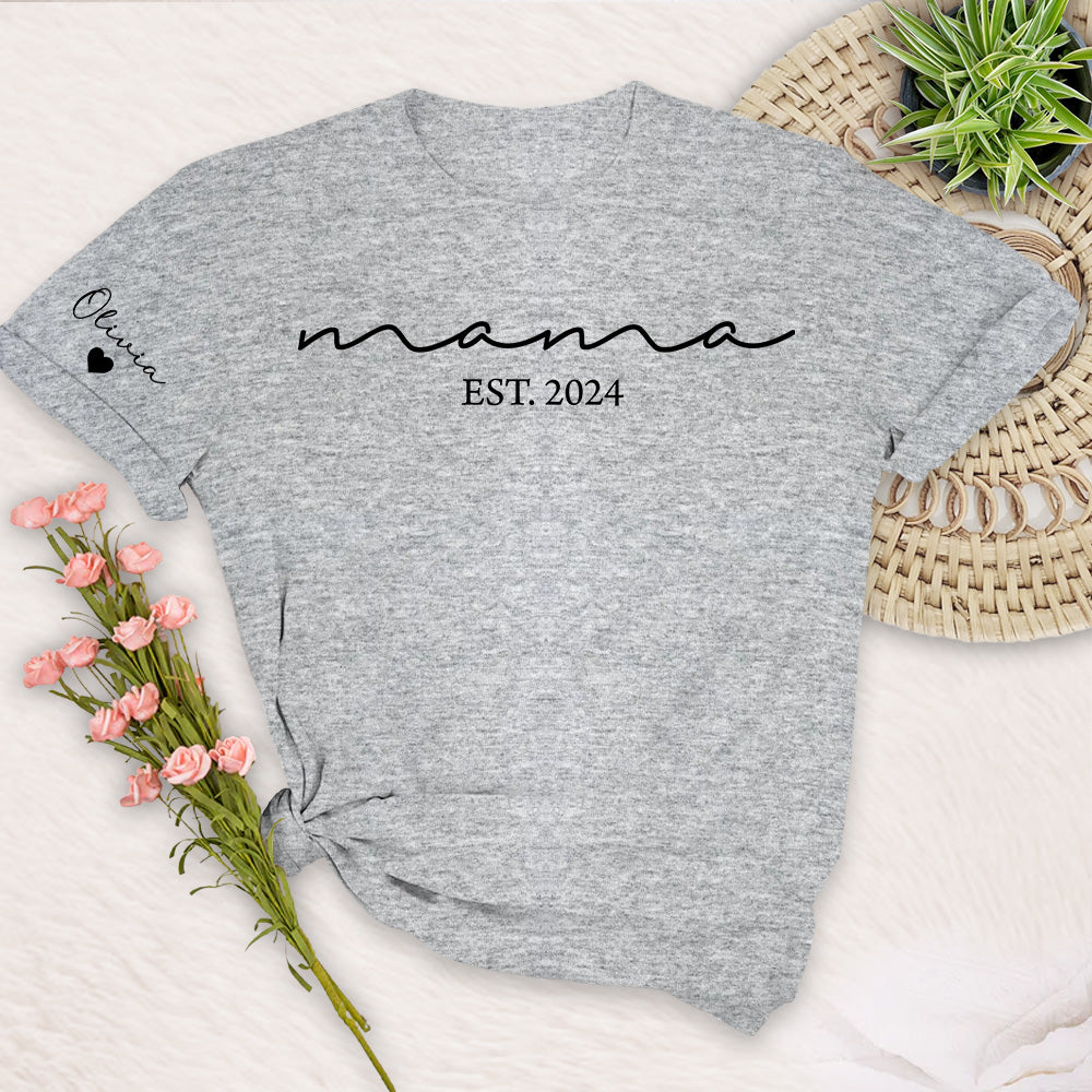 Custom Mama Shirt with Kid Name, Personalized Mom Shirt with Kids Names on Sleeve, Momma Tshirt, Mothers Day Gift for Her, New Mom Gift Est