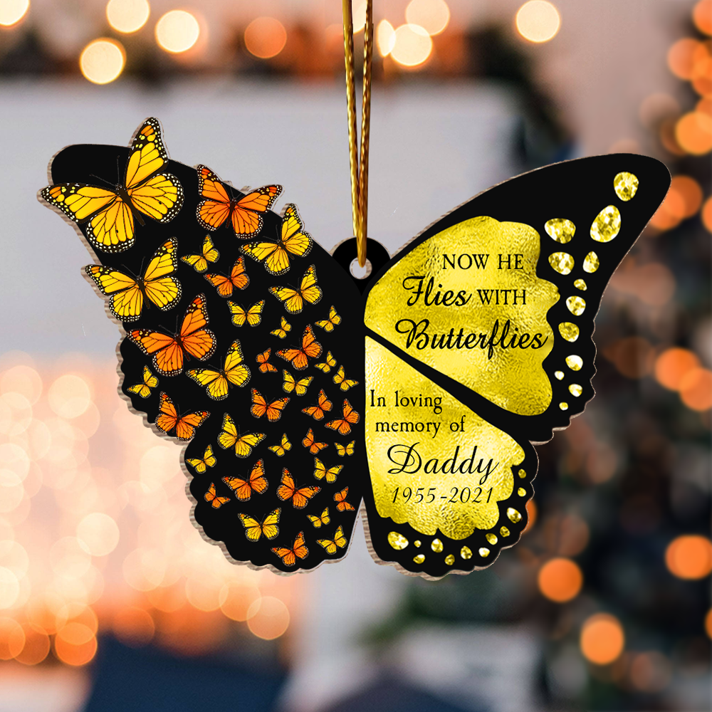 Now She Flies With Butterflies - Memorial Gift - Personalized Custom Luxury Butterfly Clip Arts Wooden Ornament