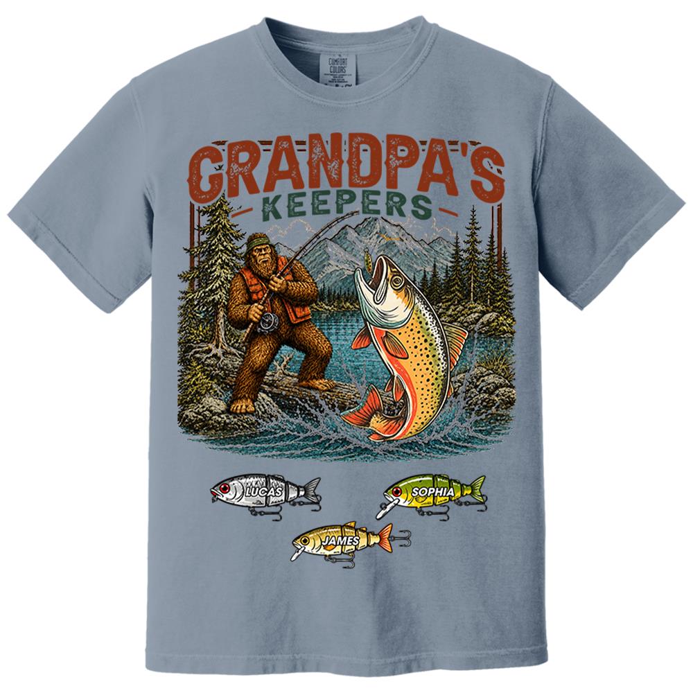Grandpa's Keepers Bigfoot Fishing Shirt, Personalized Dad Shirt With Custom Kids, Bigfoot Fisherman Father's Day Gift, Gift for Dad Na02 Nh00