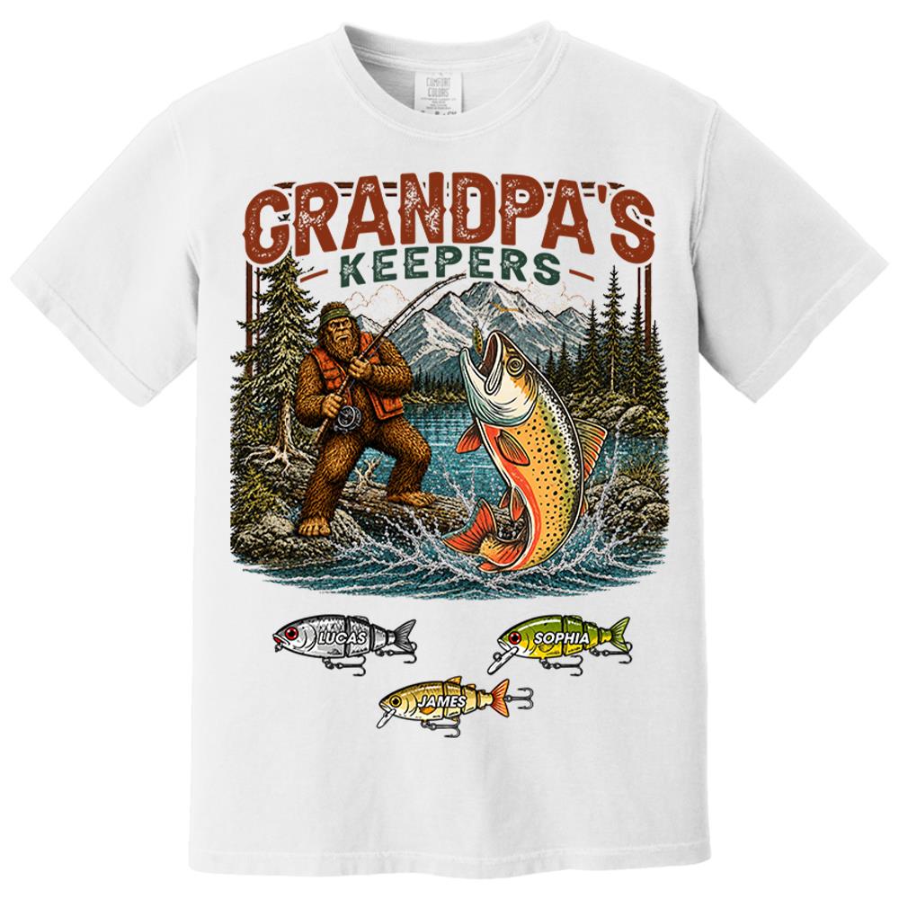Grandpa's Keepers Bigfoot Fishing Shirt, Personalized Dad Shirt With Custom Kids, Bigfoot Fisherman Father's Day Gift, Gift for Dad Na02 Nh00