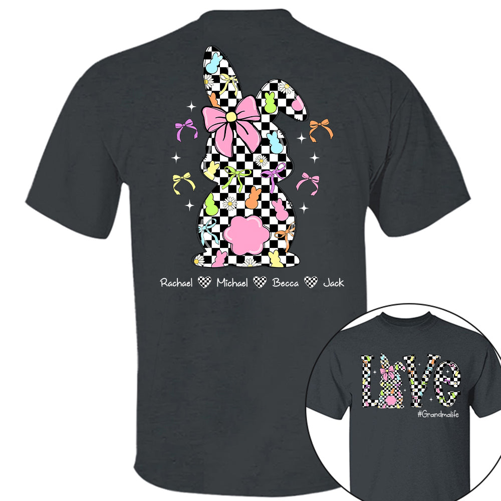 Custom Easter Retro Checkered Pink Bunny Bow T-Shirt, Personalized Gift For Grandma & Kids Tu20