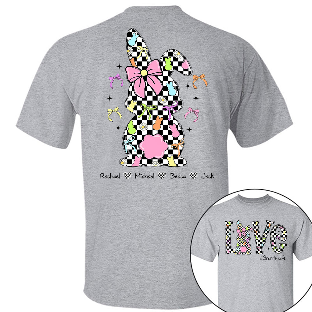 Custom Easter Retro Checkered Pink Bunny Bow T-Shirt, Personalized Gift For Grandma & Kids Tu20