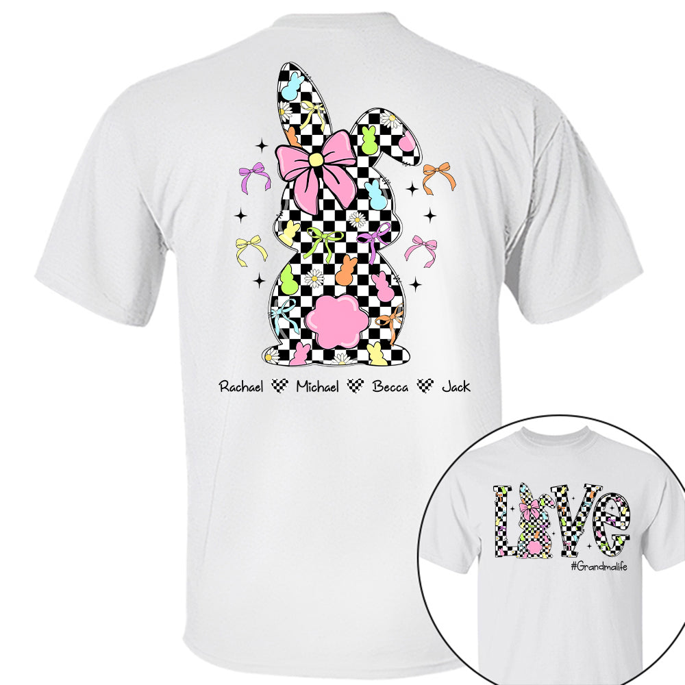 Custom Easter Retro Checkered Pink Bunny Bow T-Shirt, Personalized Gift For Grandma & Kids Tu20