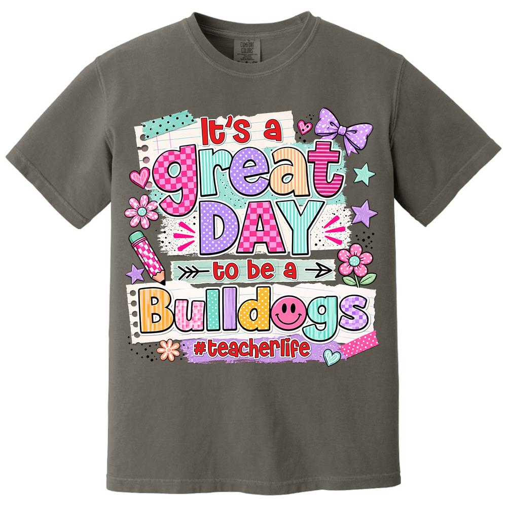Striped Neon It's A Great Day To Be A Bulldog Personalized School Mascot Retro Stripe Shirt For Teacher Hv01