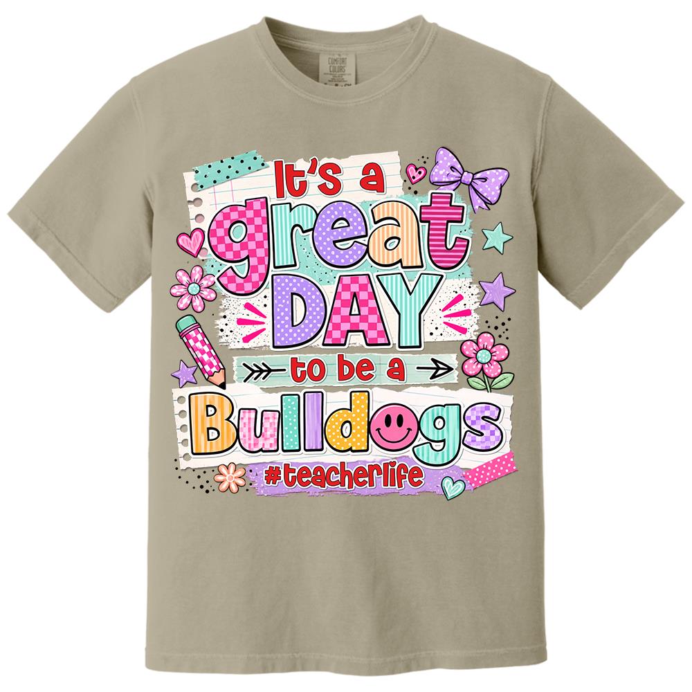 Striped Neon It's A Great Day To Be A Bulldog Personalized School Mascot Retro Stripe Shirt For Teacher Hv01