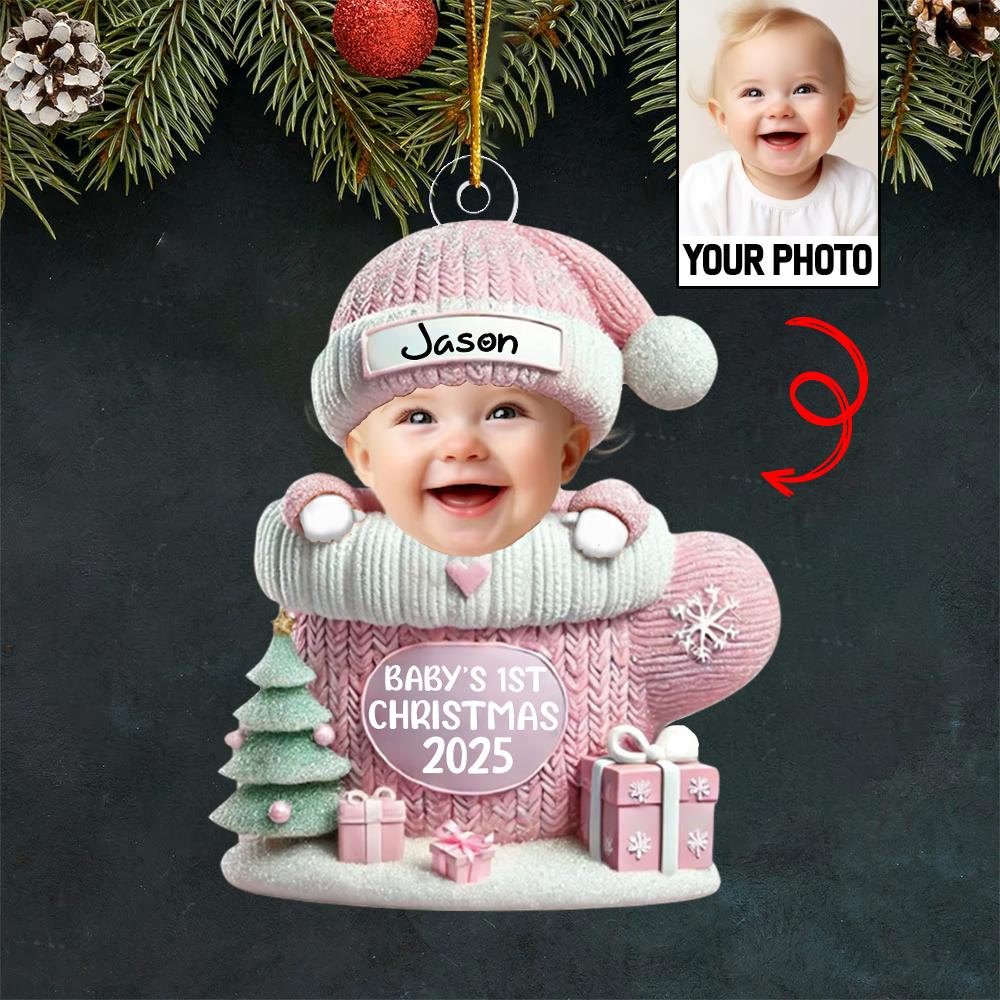 Baby In Mitten - Custom Photo Baby’s 1st Christmas Acrylic Ornament A2110
