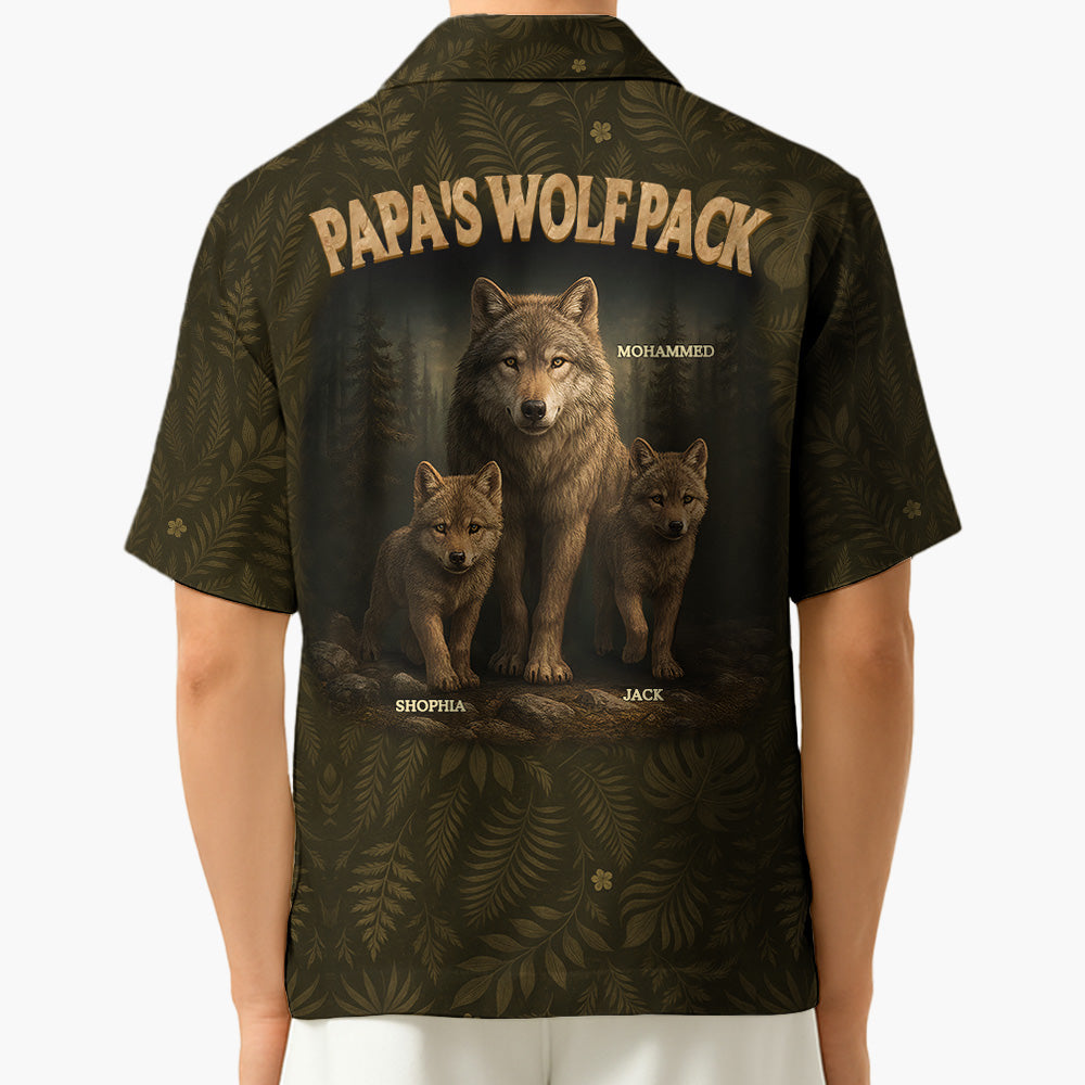 Custom Papa Wolf Pack Hawaiian Shirt, Custom Grandpa With Kids Names Short Sleeve Silk Shirt, Personalized Wolf Pack Tee, Gift For Grandpa, Father's Day Gift