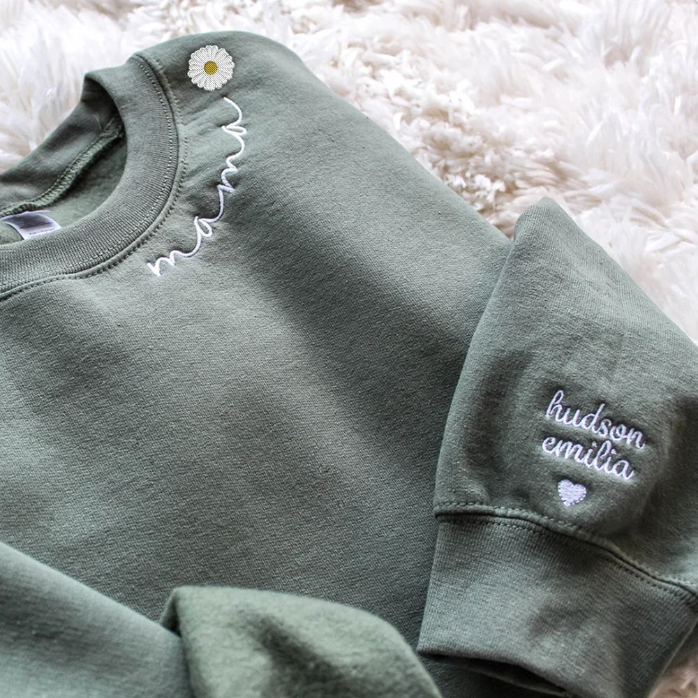 Custom Mama Embroidered Sweatshirt With Kid Name On Sleeve - Personalized Grandma Embroidered Sweatshirt