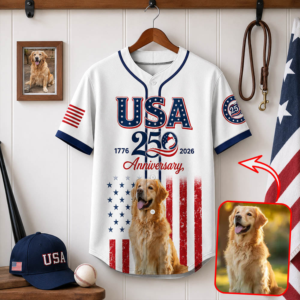 Custom Upload Photo Golden Retriever USA 250th Anniversary Baseball Jersey 1776-2026 Patriotic Dog Lovers Shirt