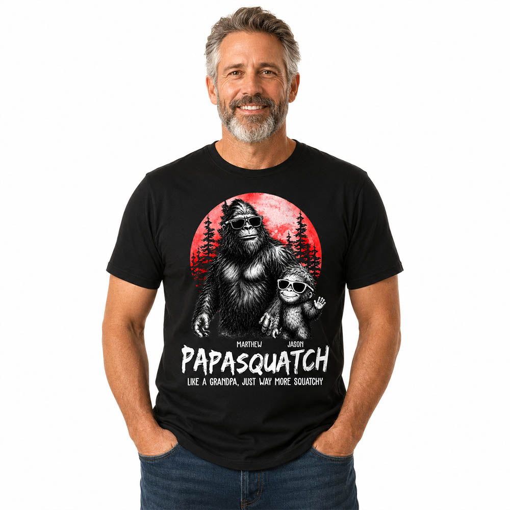 Personalized Papasquatch, Like A Grandpa, Just Way More Squatchy T-Shirt Father Day Gifts for Dad Funny Papa Tshirt Cool Daddy Bigfoot Tee, Red Moon Style