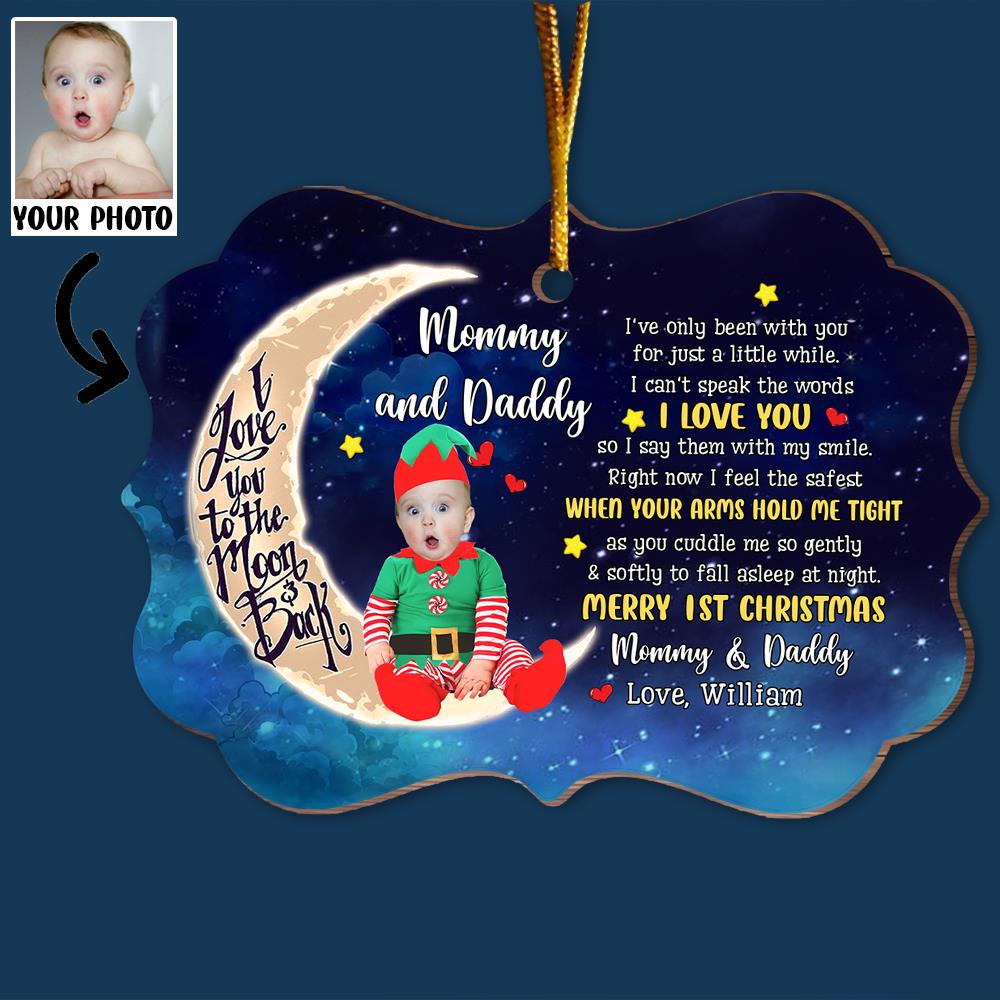 Personalized Adorable Newborn Baby Elf First Christmas Ornament - Custom Face Baby Wooden Ornament
