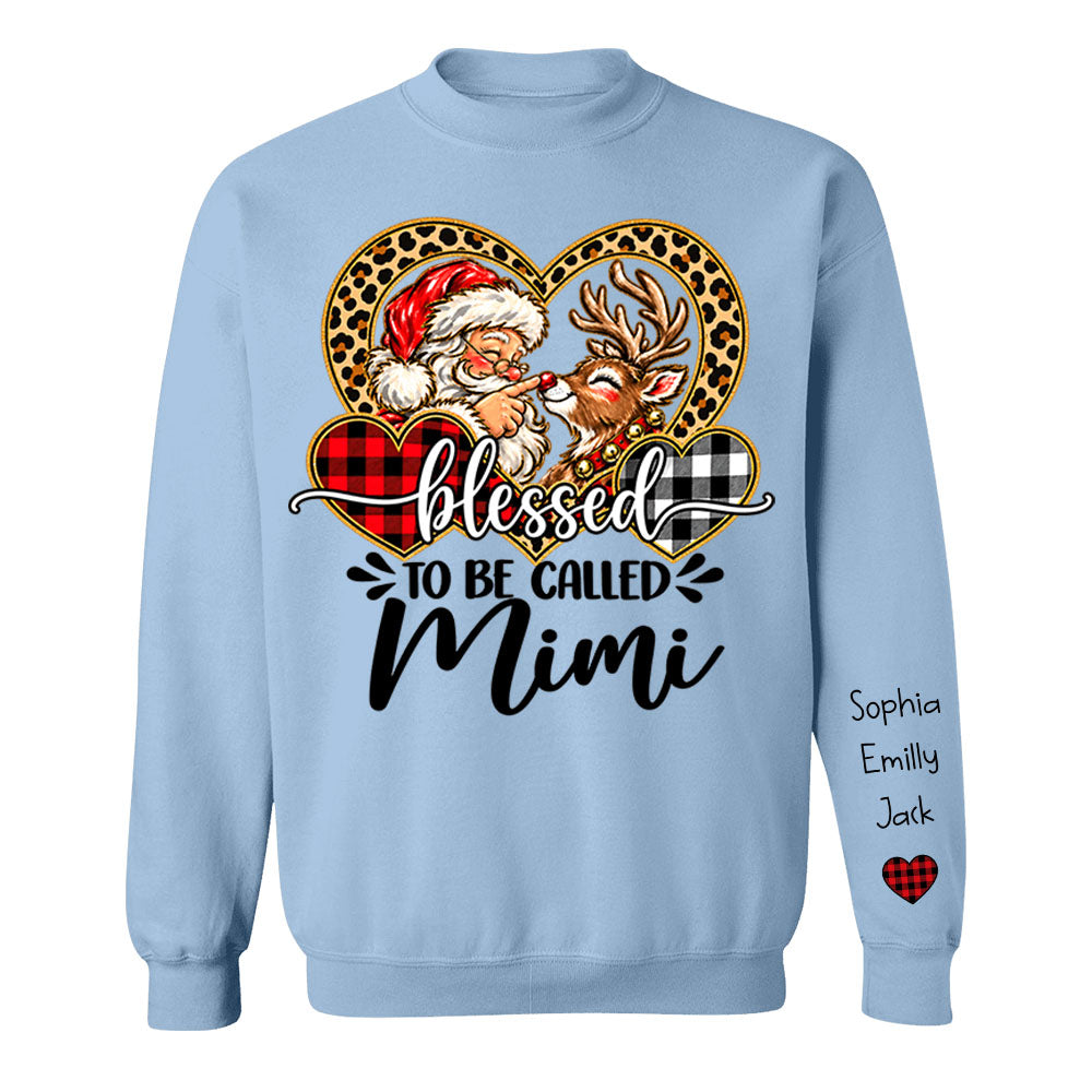 Personalized Blessed To Be Called Mimi Christmas Sweater, Custom Grandchildren Names on Sleeve Pullover, Leopard Buffalo Plaid Heart Grandma Gift C2408 Li29 TL06