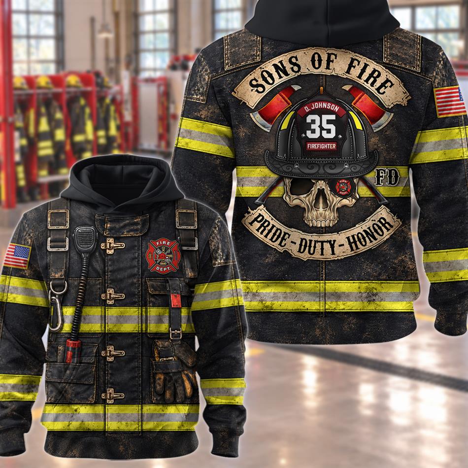 Personalized Sons Of Fire Pride Duty Honor Christmas Ugly Sweatshirt All Over Print Shirt, Custom Name Gift for Firefighters H2511 Trna