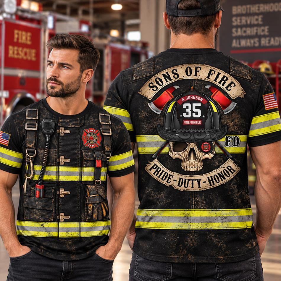 Personalized Sons Of Fire Pride Duty Honor Christmas Ugly Sweatshirt All Over Print Shirt, Custom Name Gift for Firefighters H2511 Trna