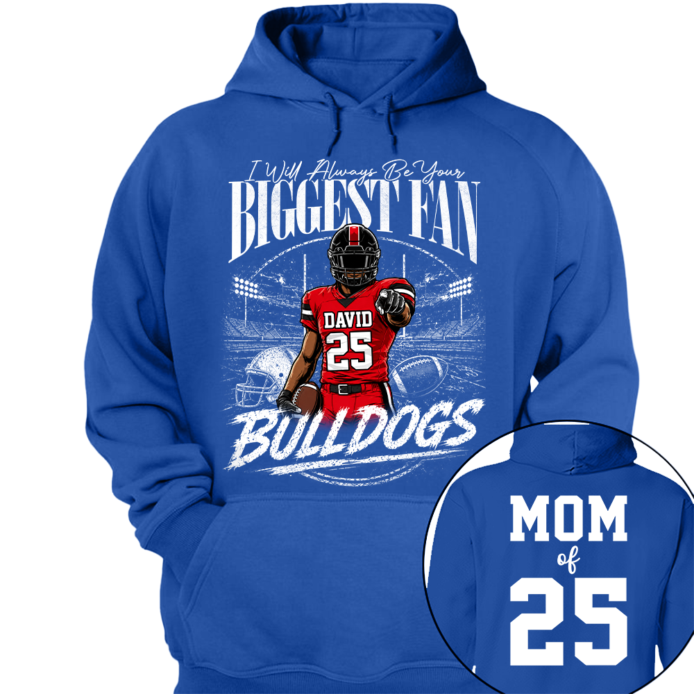 I'll Always Be Your Biggest Fan, Personalized Football Mom Shirt, Custom Player Name & Number Tee, Game Day Mom Gift Na02 Hv01