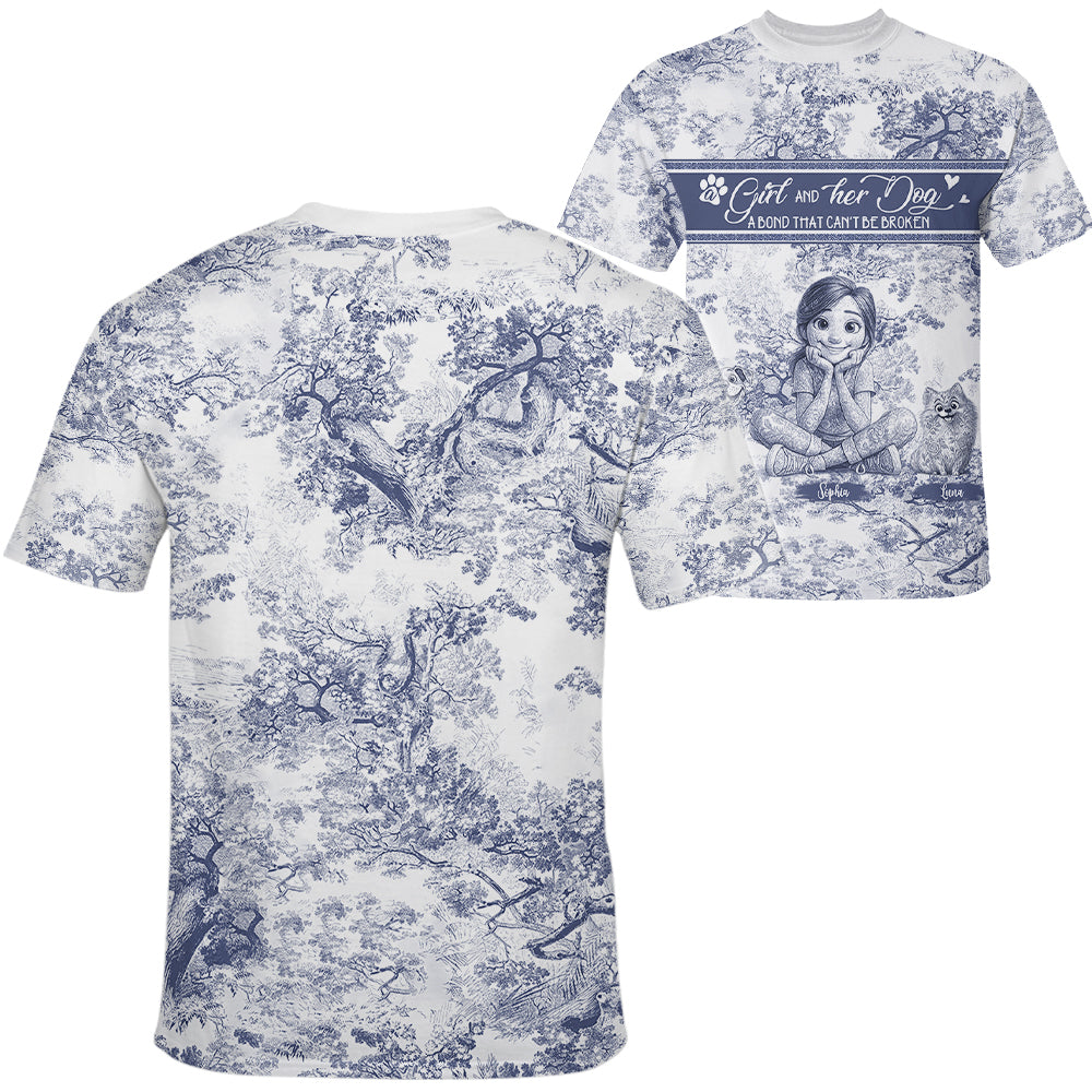 Custom A Girl and Her Dog a Bond That Cant Be Broken Style Gift Toile De Jouy Chinoiseries, Personalized All Over Print Shirt Hv01