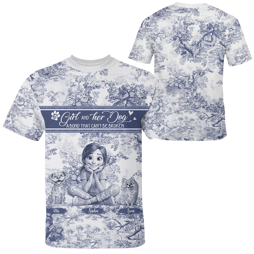 Custom A Girl and Her Dog a Bond That Cant Be Broken Style Gift Toile De Jouy Chinoiseries, Personalized All Over Print Shirt Hv01
