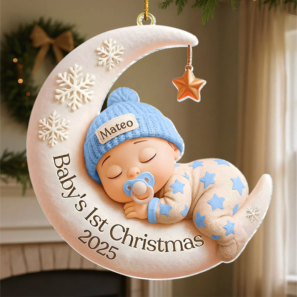 Baby’s First Christmas Ornament – Custom 3D Moon Acrylic Keepsake, Personalized Newborn Gift, Unique Holiday Decoration, Baby Gift Idea